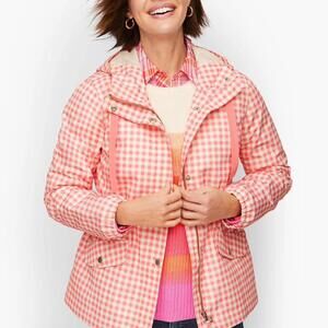 Talbots hooded rain jacket in a pink gingham pattern